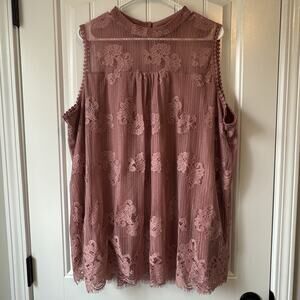 Olivia Blu 3X Mauve Pink Lace Sleeveless Babydoll Cottage core Tunic Plus Size